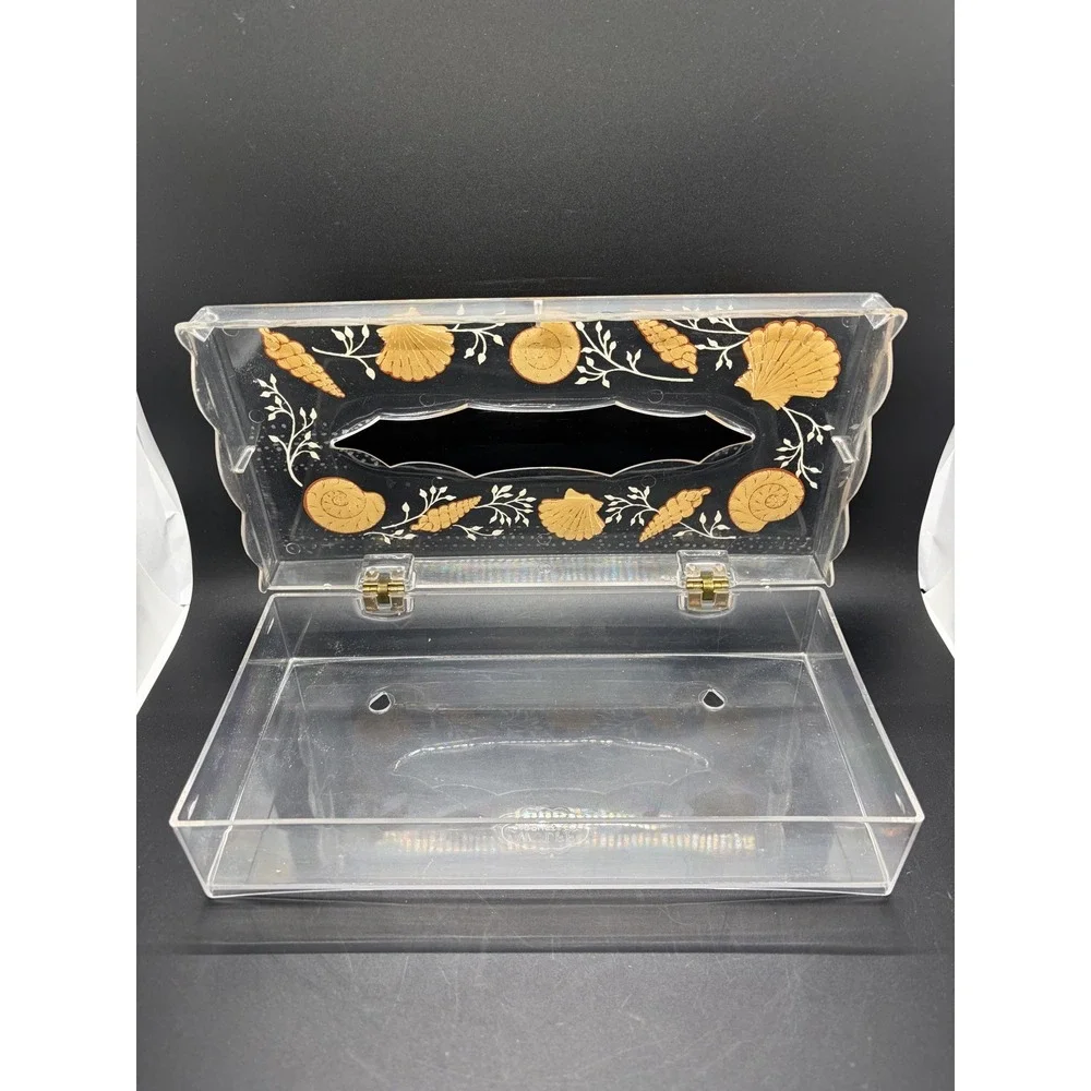Wolff Tissue Box Holder Cover Clear‎ Lucite Acrylic Plastic Peach Seashells